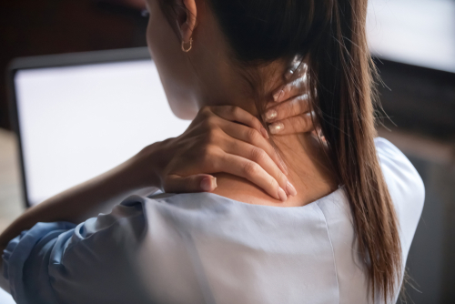 Tired,Woman,Massaging,Rubbing,Stiff,Sore,Neck,Tensed,Muscles,Fatigued
