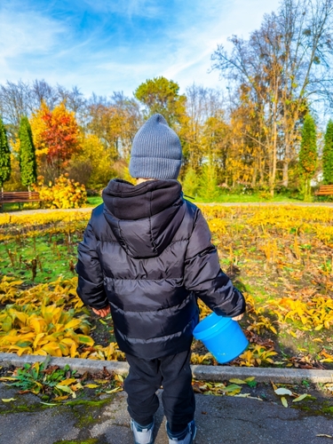 Child,Watering,Plants,In,Autumn,Park.,A,Young,Child,Dressed