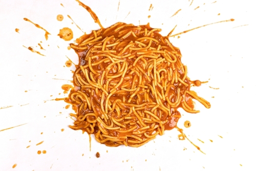 Spaghetti,Bolognese,Splattered,On,A,White,Background.