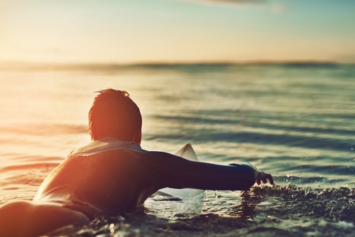 Sunset,,Boy,Or,Surfer,On,Surfboard,At,Sea,Fitness,Training,