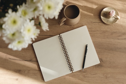 Minimal,Flat,Lay,Of,An,Open,Grid,Notebook,,Coffee,Cup,
